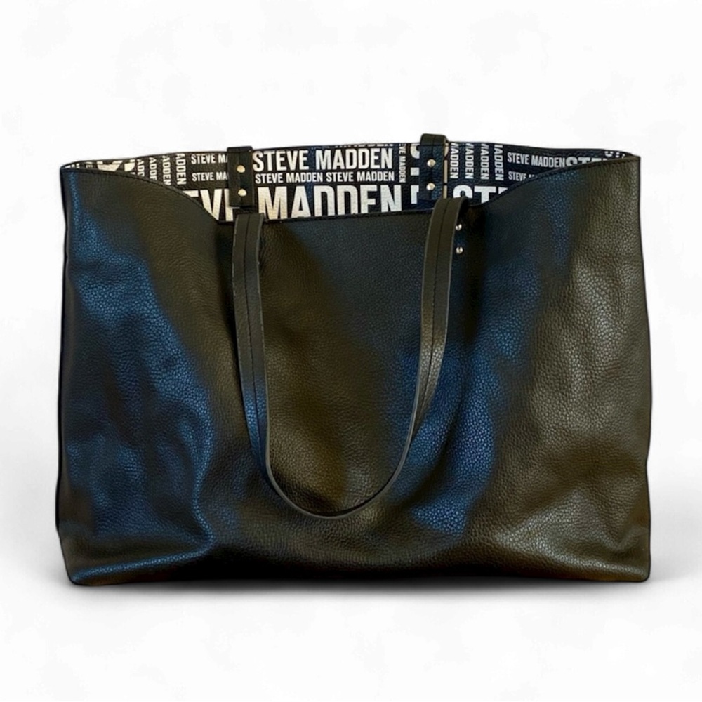 Steve Madden Large Black & White bold Logo Tote vegan pebble leather soft strap